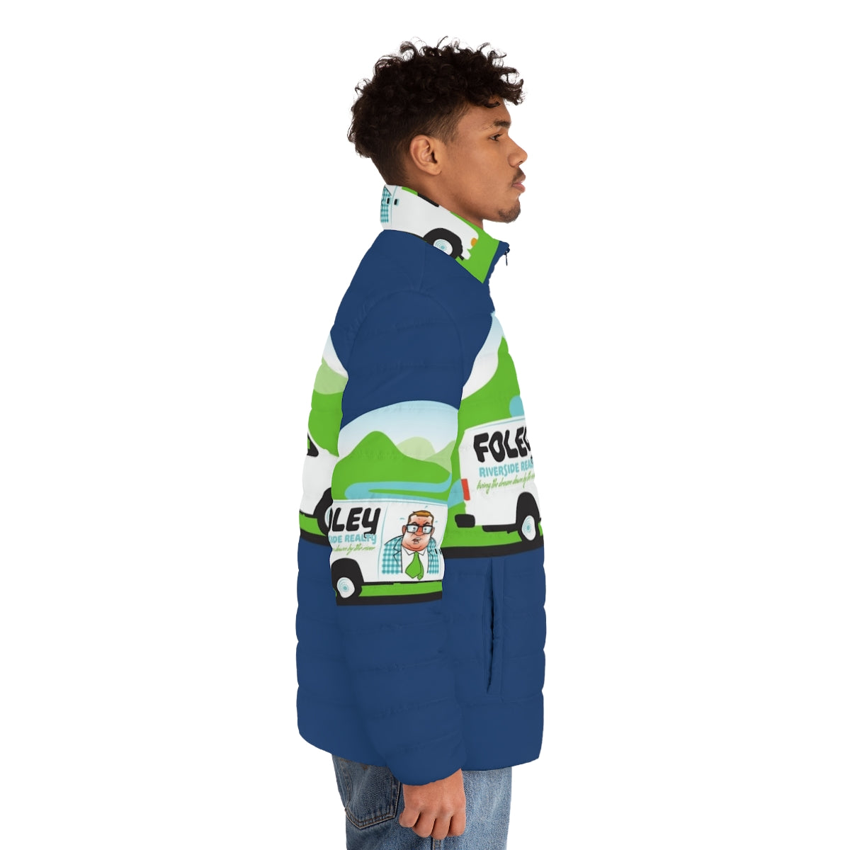 Puffer jacket with "Foley Riverside Realty" branding, inspired by Chris Farley's iconic "down by the river" character from Saturday Night Live - men side right