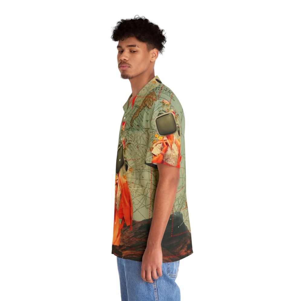 Vintage Hawaiian shirt with a surreal collage design featuring a nature landscape, floral patterns, and retro-inspired graphics. - People Left