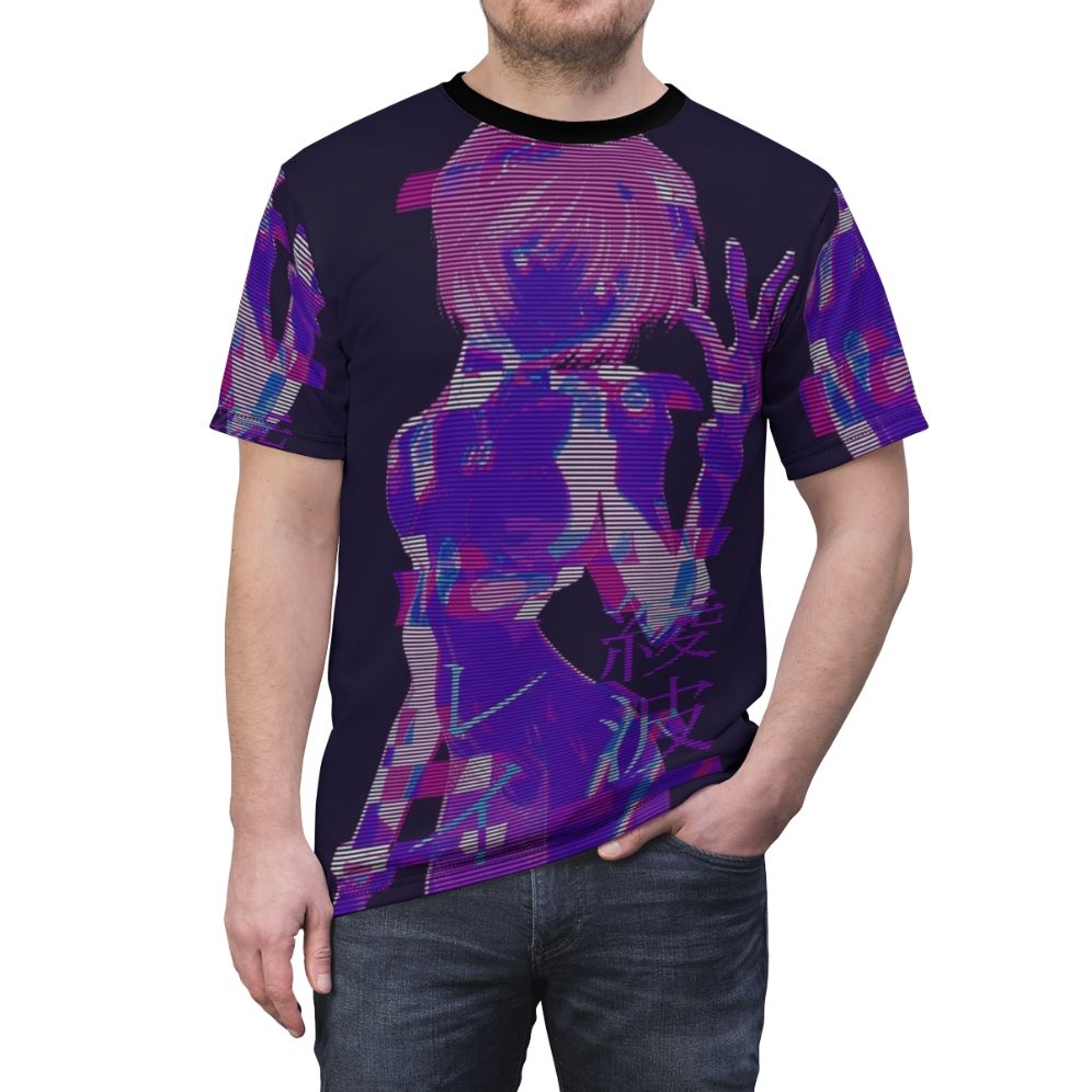 Abstract vaporwave design t-shirt with Evangelion-inspired elements - men front