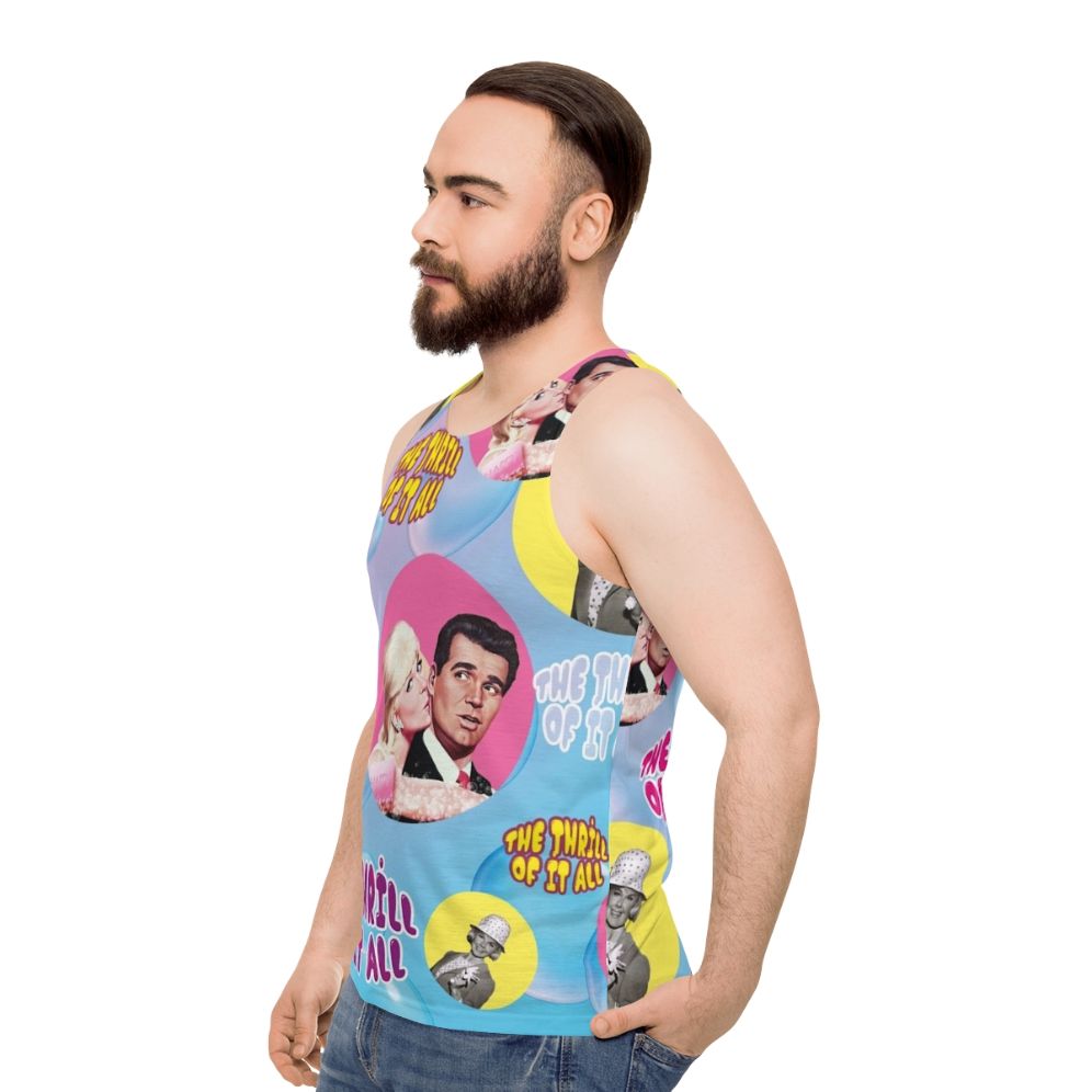 Retro 60s comedy unisex tank top with "The Thrill of It All" movie design - men side