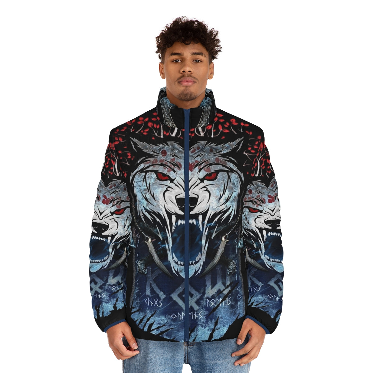 Kqw Banner Puffer Jacket with wolf and Stark house design - men front