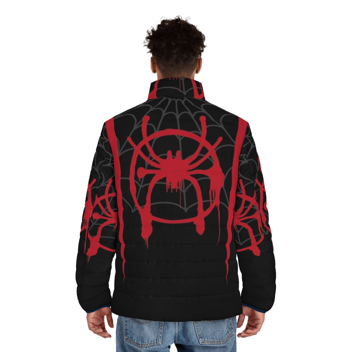 Miles Morales spider-verse puffer jacket with web design - men back