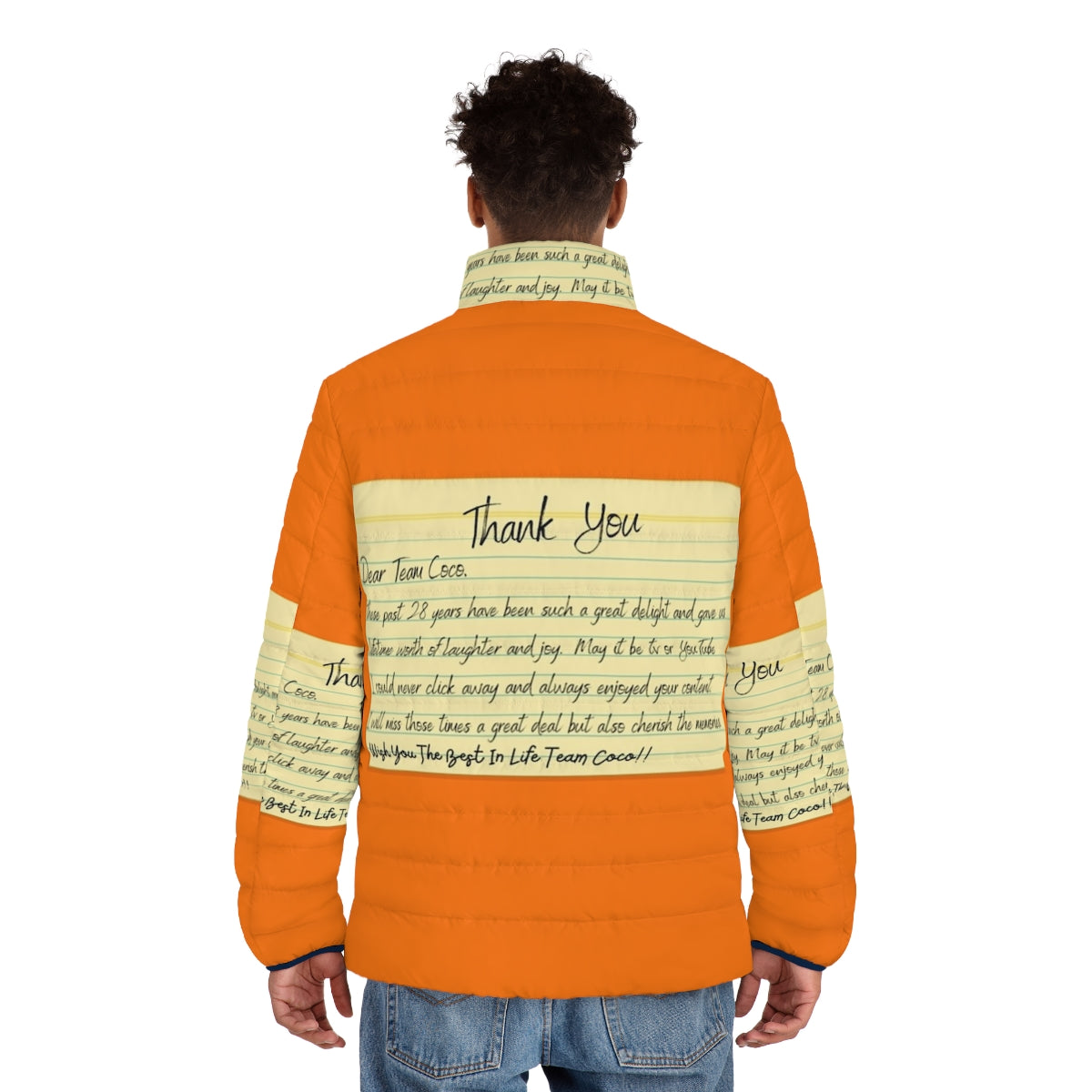 Thank You Team Coco Conan O'Brien Puffer Jacket, featuring the iconic Team Coco logo and Conan's signature comedy style. - men back