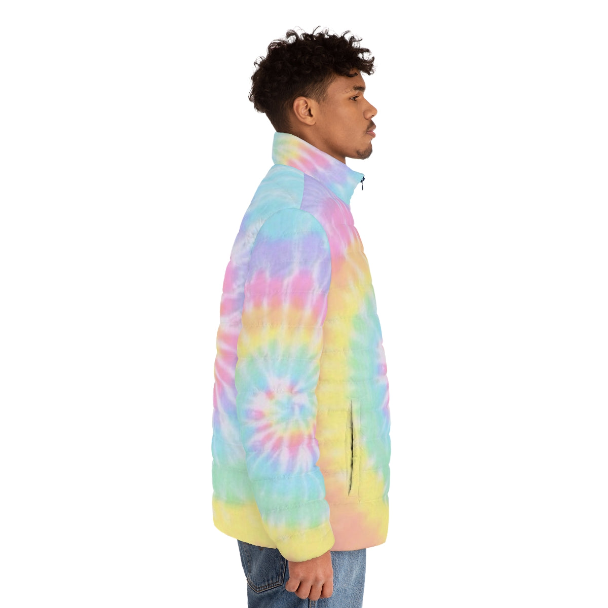 Colorful rainbow tie-dye puffer jacket - men side right