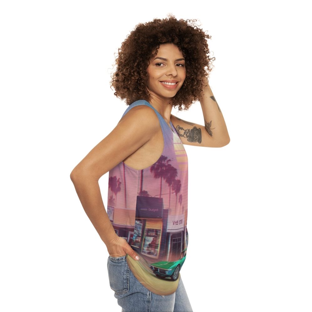 Retro Synthwave Sunset Drive Unisex Tank Top - women side