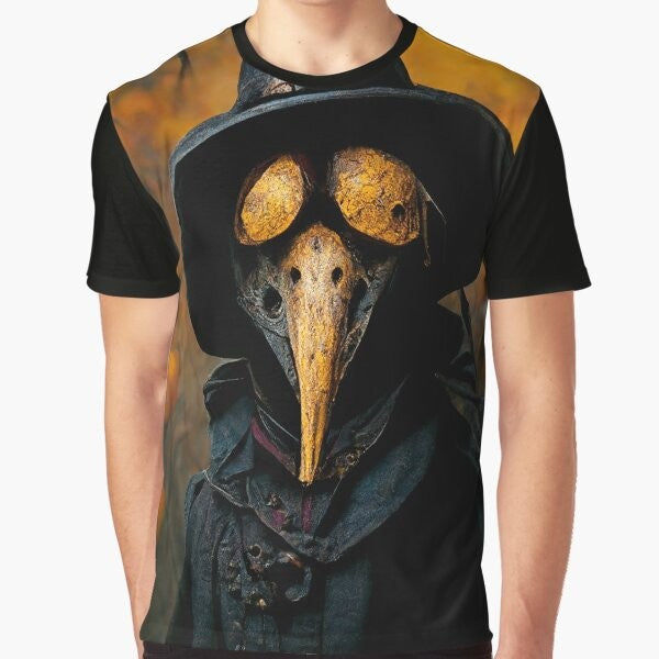 Plague doctor in dark, gothic style Halloween graphic t-shirt