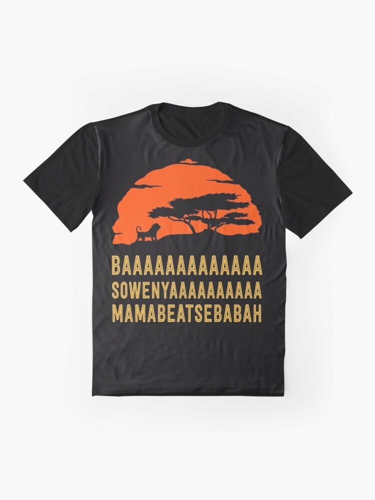 African lion silhouette with "BAAAAAAAAAAAAA SOWENYAAAAAAAAAA MAMABEATSEBABAH" text on a graphic t-shirt - Flat lay