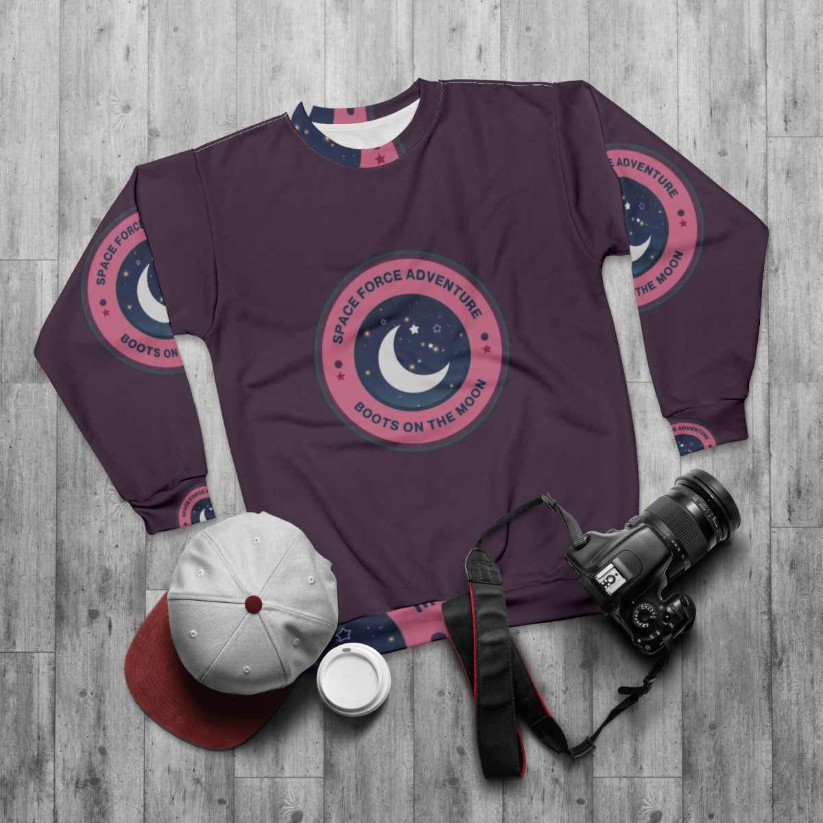 Space Force Adventure Boots On The Moon Sweatshirt with Galaxy Print Design - flat lay