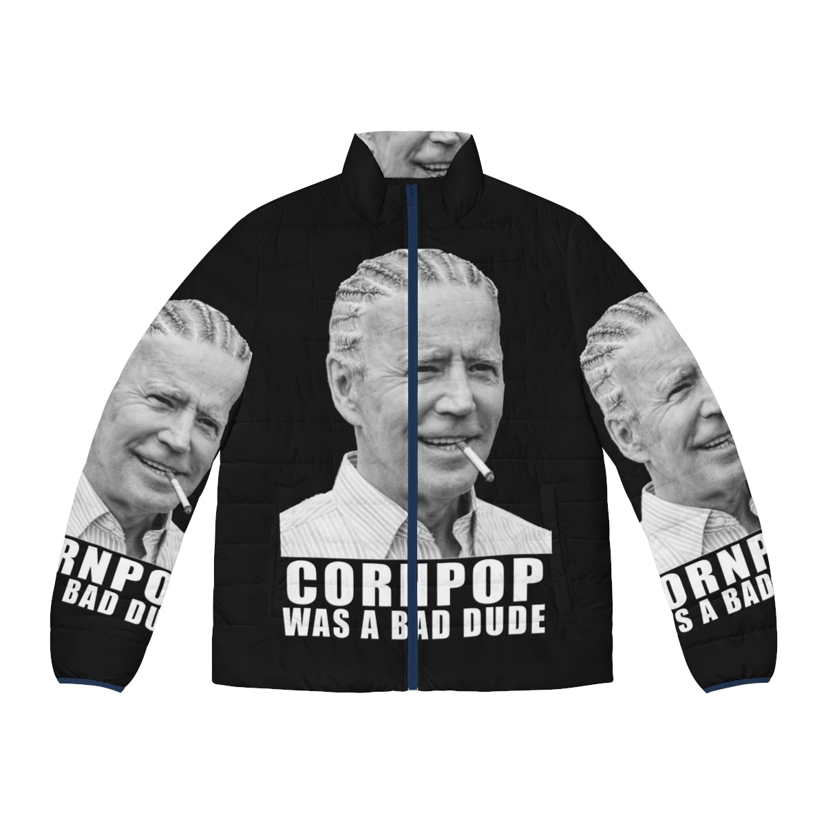 Joe Biden Corn Pop Puffer Jacket featuring hilarious political satire design