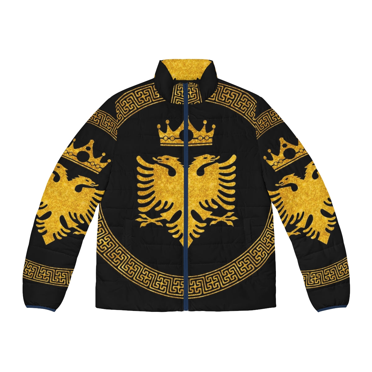 Gold puffer jacket with Greek key pattern