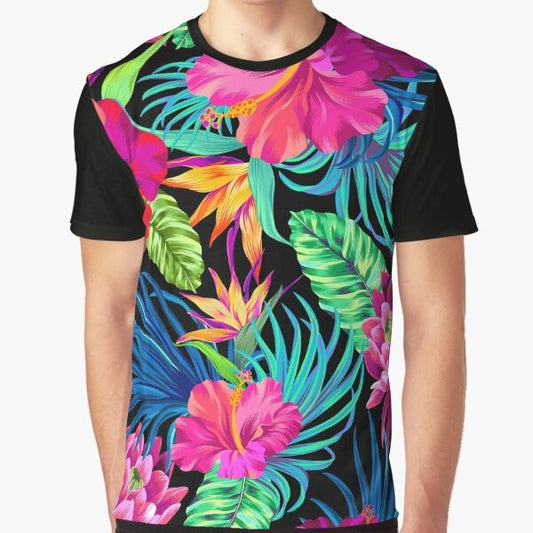 Tropical hibiscus flower graphic t-shirt with a bold, colorful floral pattern design.