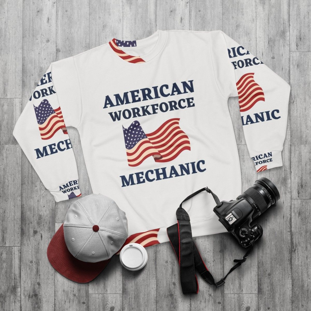 American Workforce Mechanic Sweatshirt with Patriotic American Flag Design - flat lay