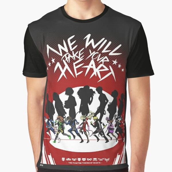 Persona 5 Joker Graphic T-Shirt featuring the Phantom Thieves logo and text "We Will Take Your Heart"