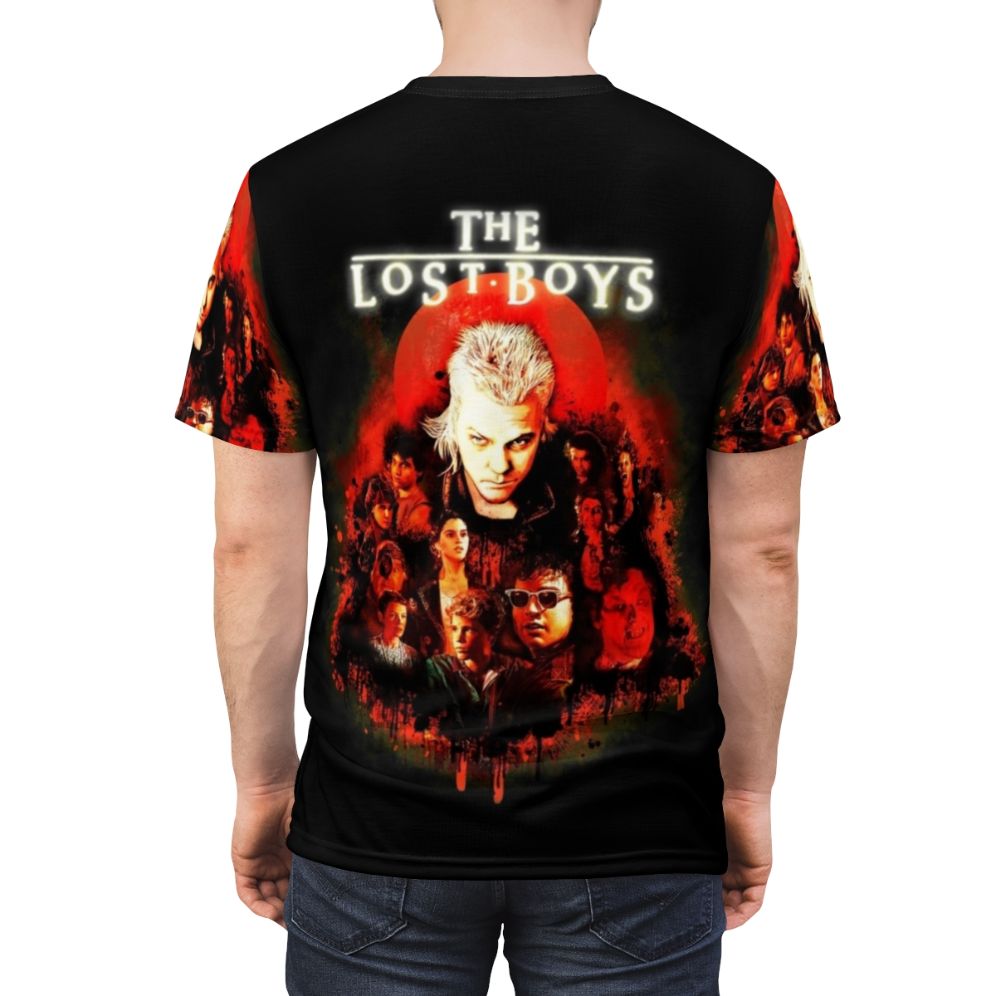 Retro Lost Boys horror movie-inspired t-shirt featuring vampire, frog brothers, and Santa Carla design - men back