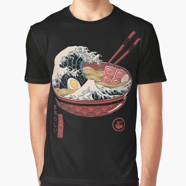 Graphic t-shirt depicting the iconic "The Great Wave off Kanagawa" design with ramen noodles