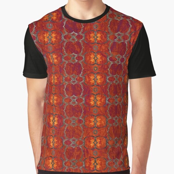 Bold african tribal graphic t-shirt with red and orange stripes and circle patterns