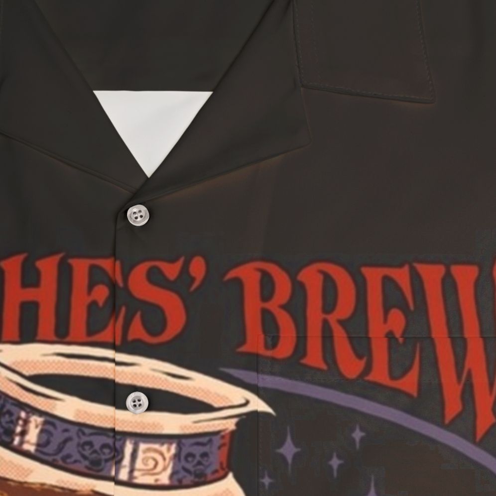 Retro Witches Brew Hawaiian Shirt with Occult, Horror, and Caffeine Inspired Design - Detail