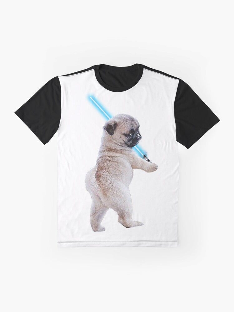 Pug wearing a Star Wars-inspired lightsaber graphic on a t-shirt - Flat lay