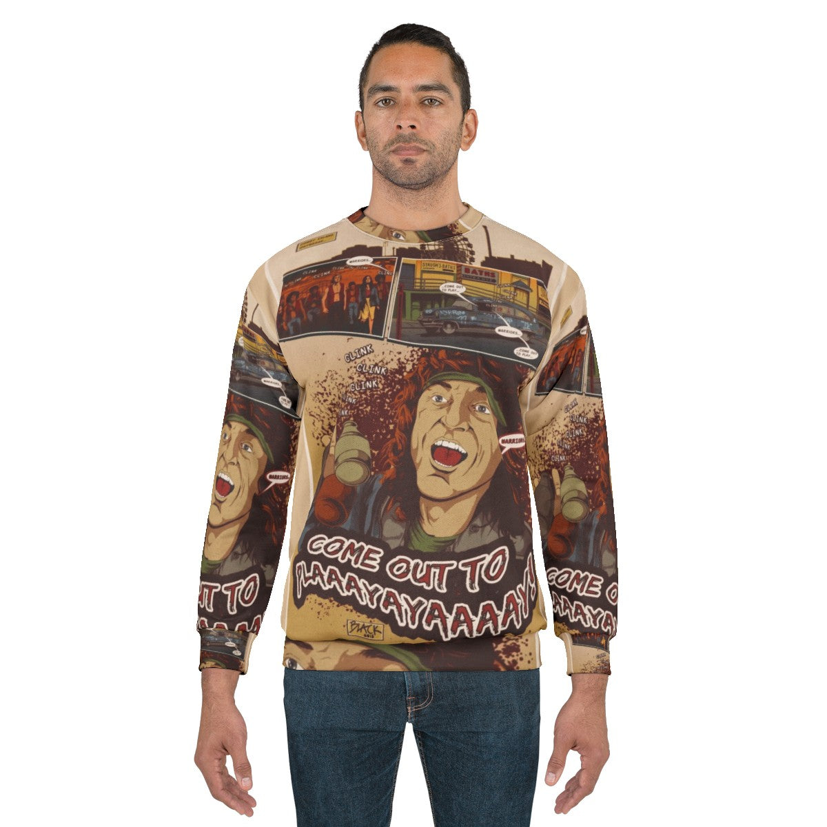 "The Warriors 'Come Out to Play' Retro Sweatshirt featuring movie quotes and comic-style art" - men