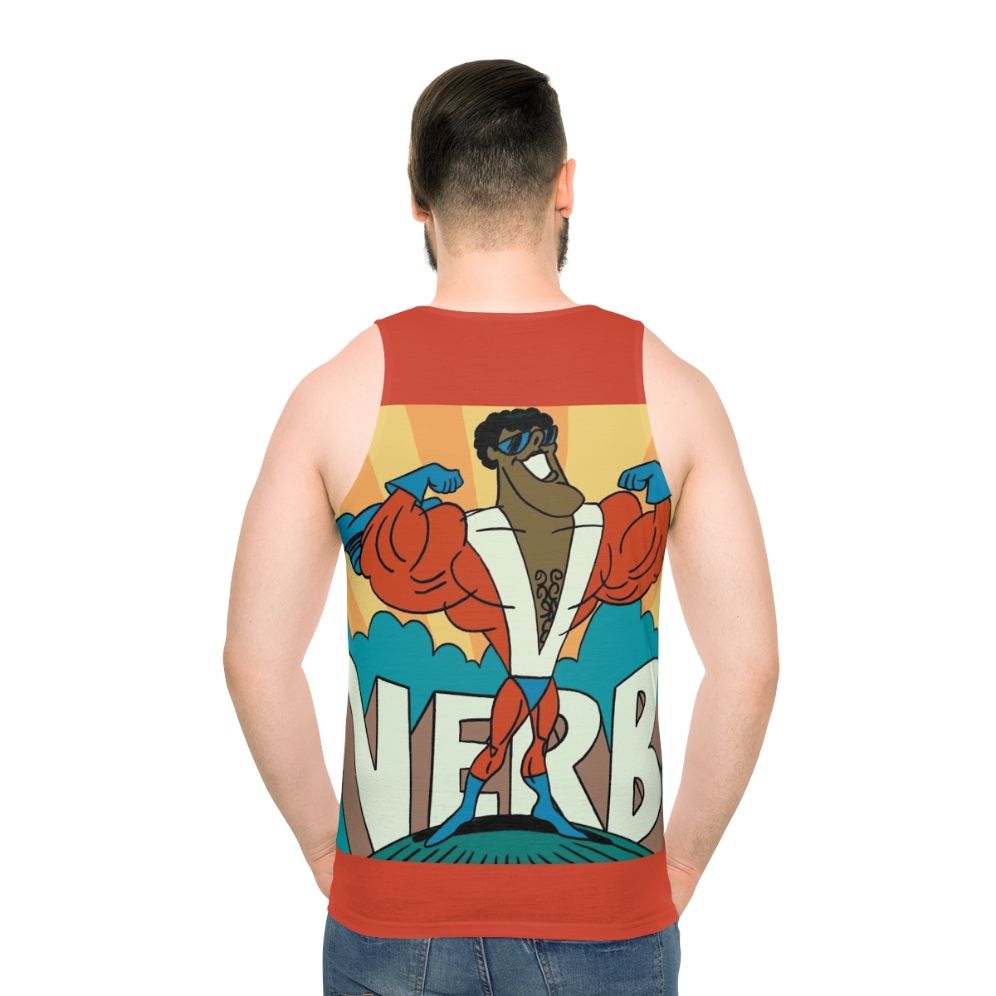 Unisex tank top with 1970s cartoon superhero verb design - men back