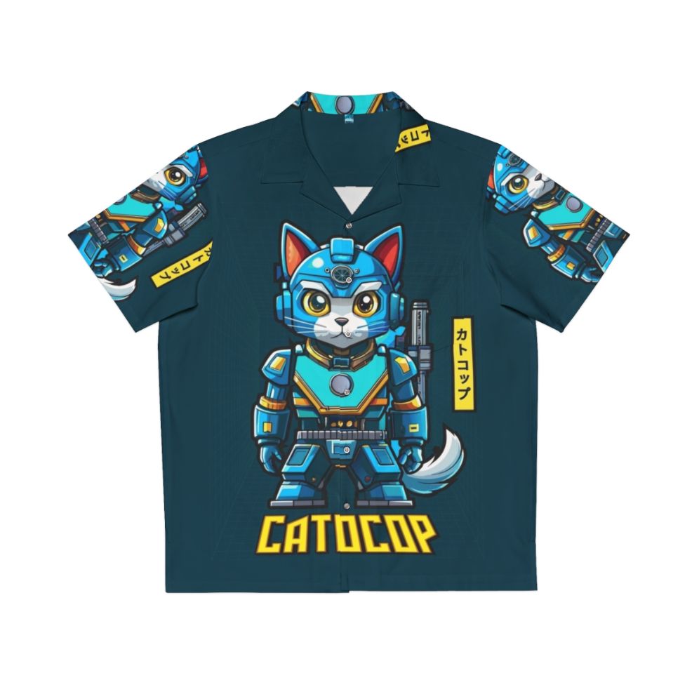 Catocop Futuristic Hawaiian Shirt featuring a crime fighting cat police officer in a sci-fi inspired cartoon design