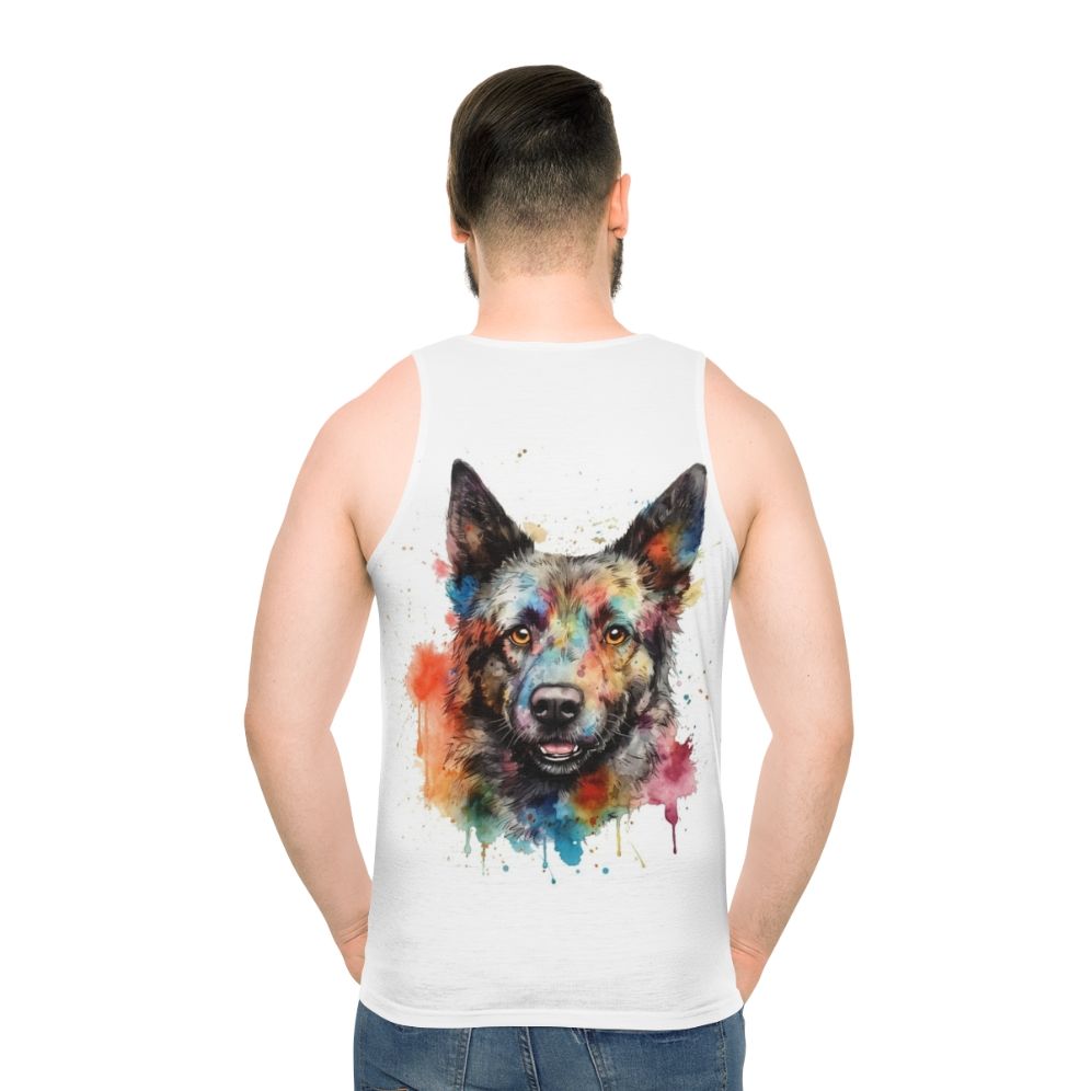 Hungarian Mudi dog watercolor painting on unisex tank top - men back