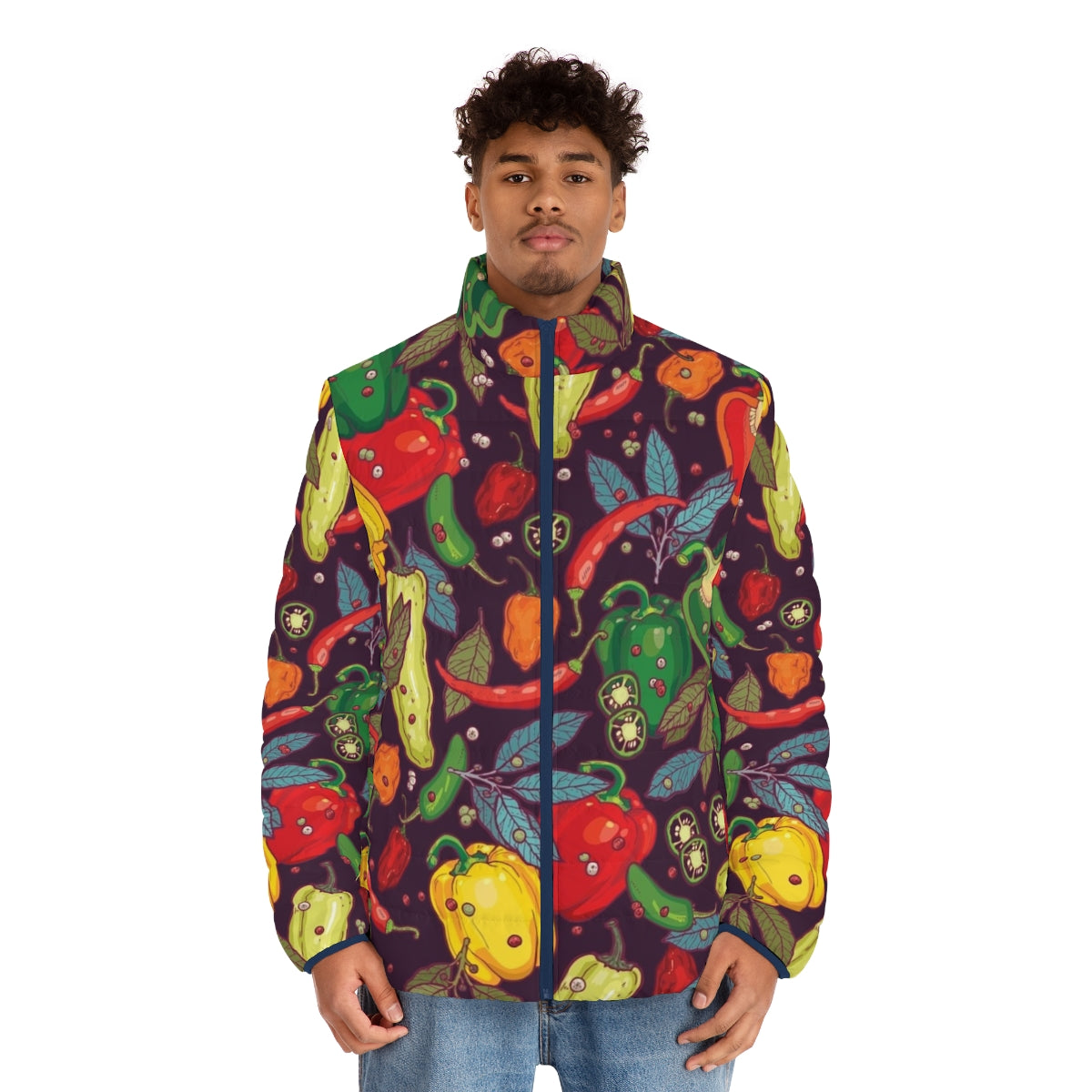 Spicy Hot Puffer Jacket with Vibrant Pepper Pattern - men front