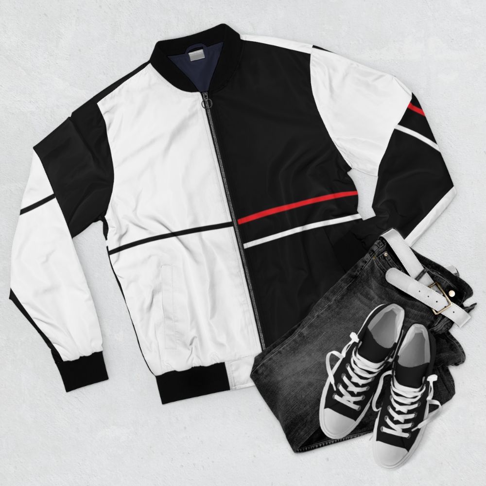 MONO Minimalist Bomber Jacket with Abstract Geometric Design for Danganronpa Fans - Flat lay