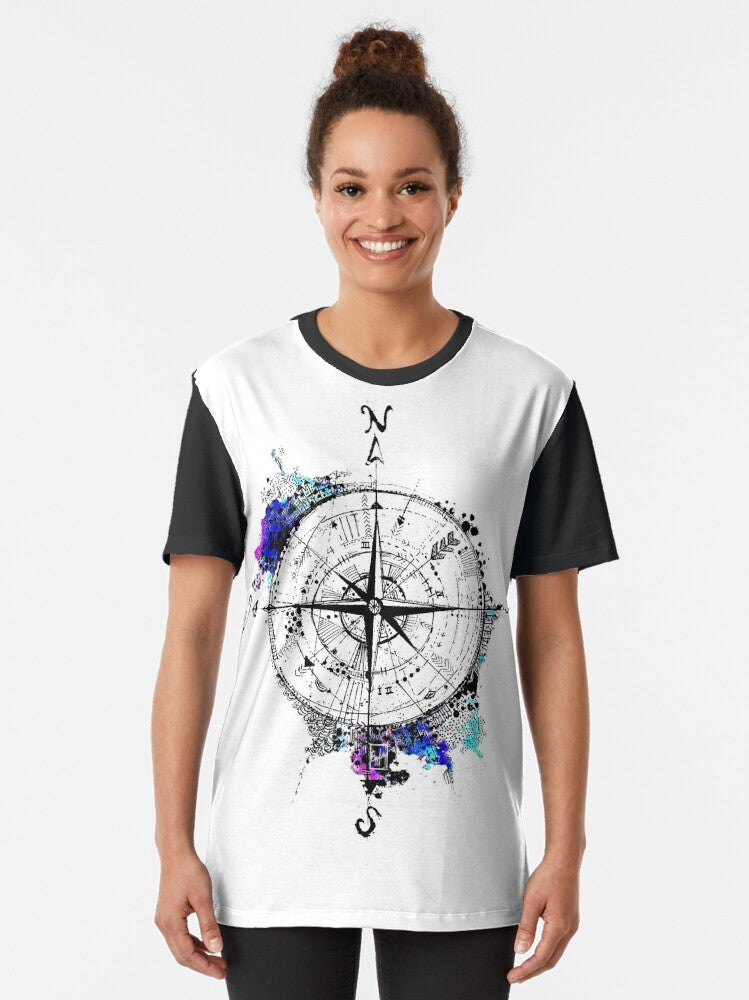 "Not All Those Who Wander Are Lost" graphic t-shirt design with a watercolor compass, sketch, and wanderlust theme - Women