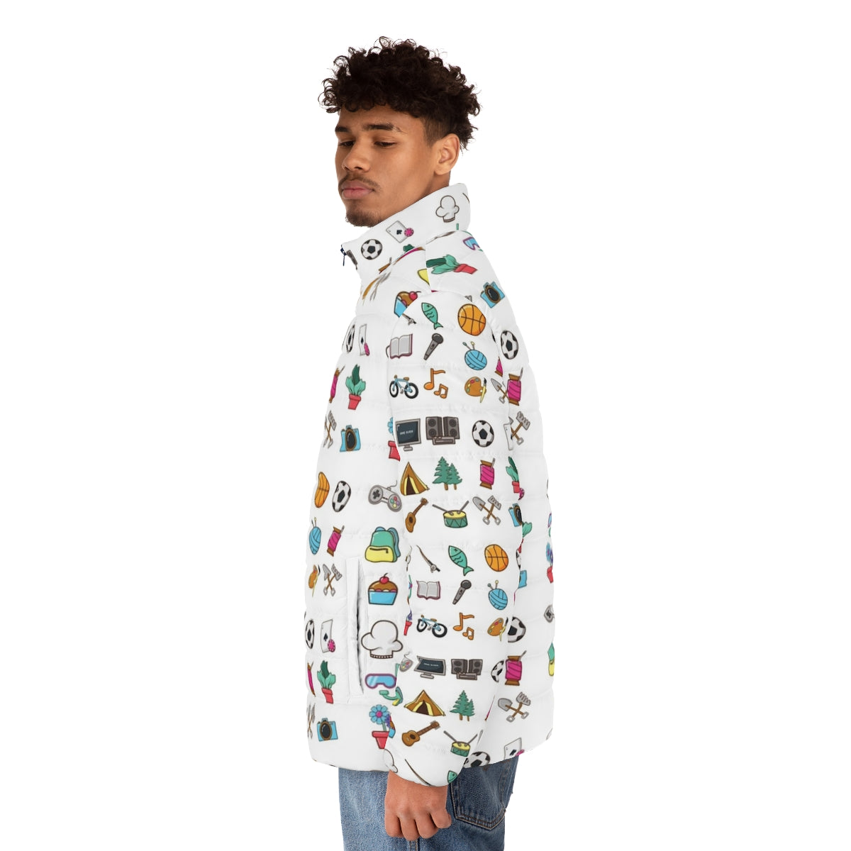 Hobbies Sticker Pack Puffer Jacket featuring icons for various hobbies like music, travel, food, reading, yoga, and more - men side left