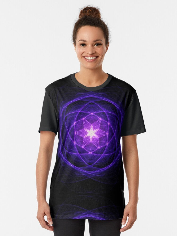 Sacred geometry indigo energy t-shirt with flower of life, Metatron's Cube, and other spiritual symbols - Women