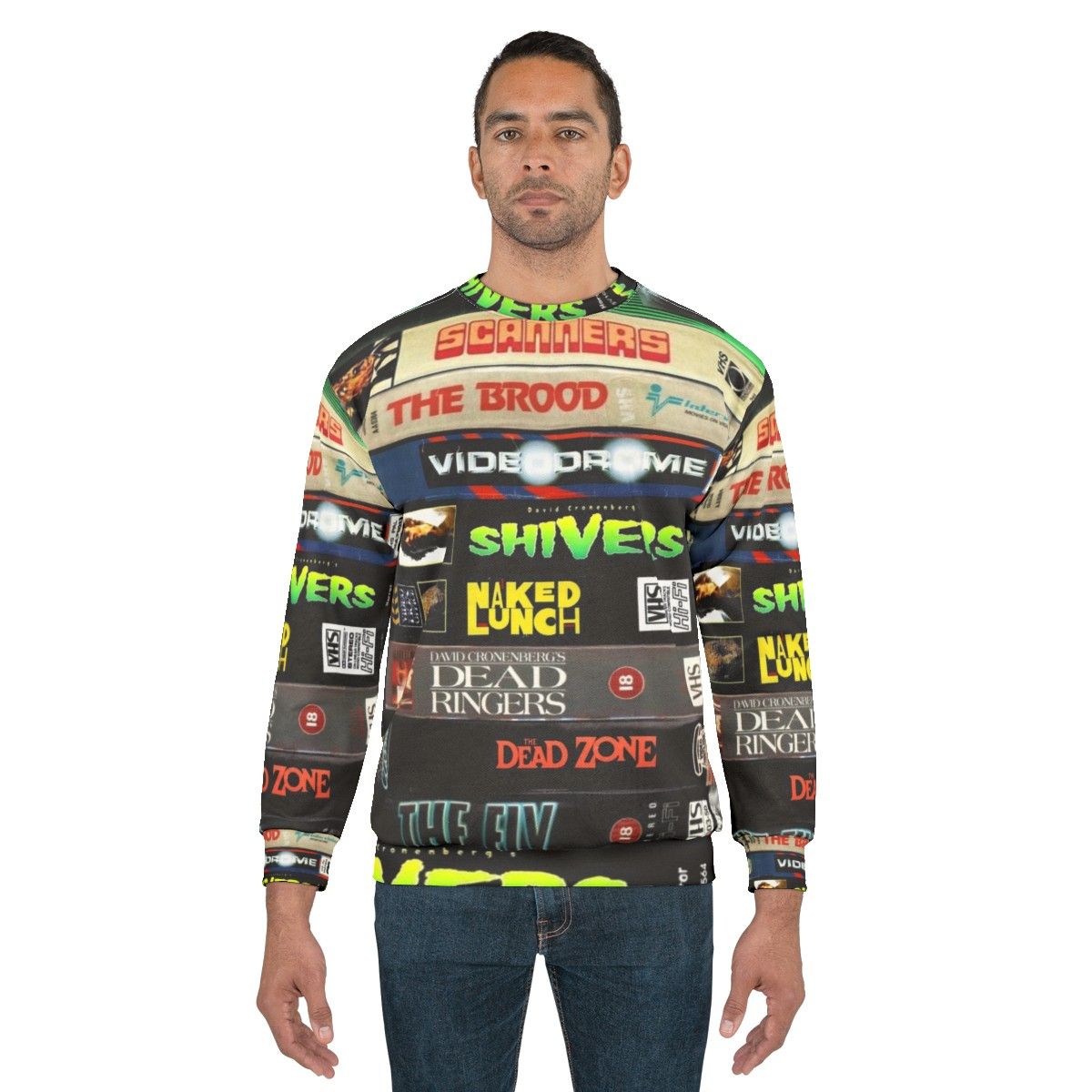 Cronenberg VHS Collection Sweatshirt featuring iconic horror and sci-fi movie designs - men