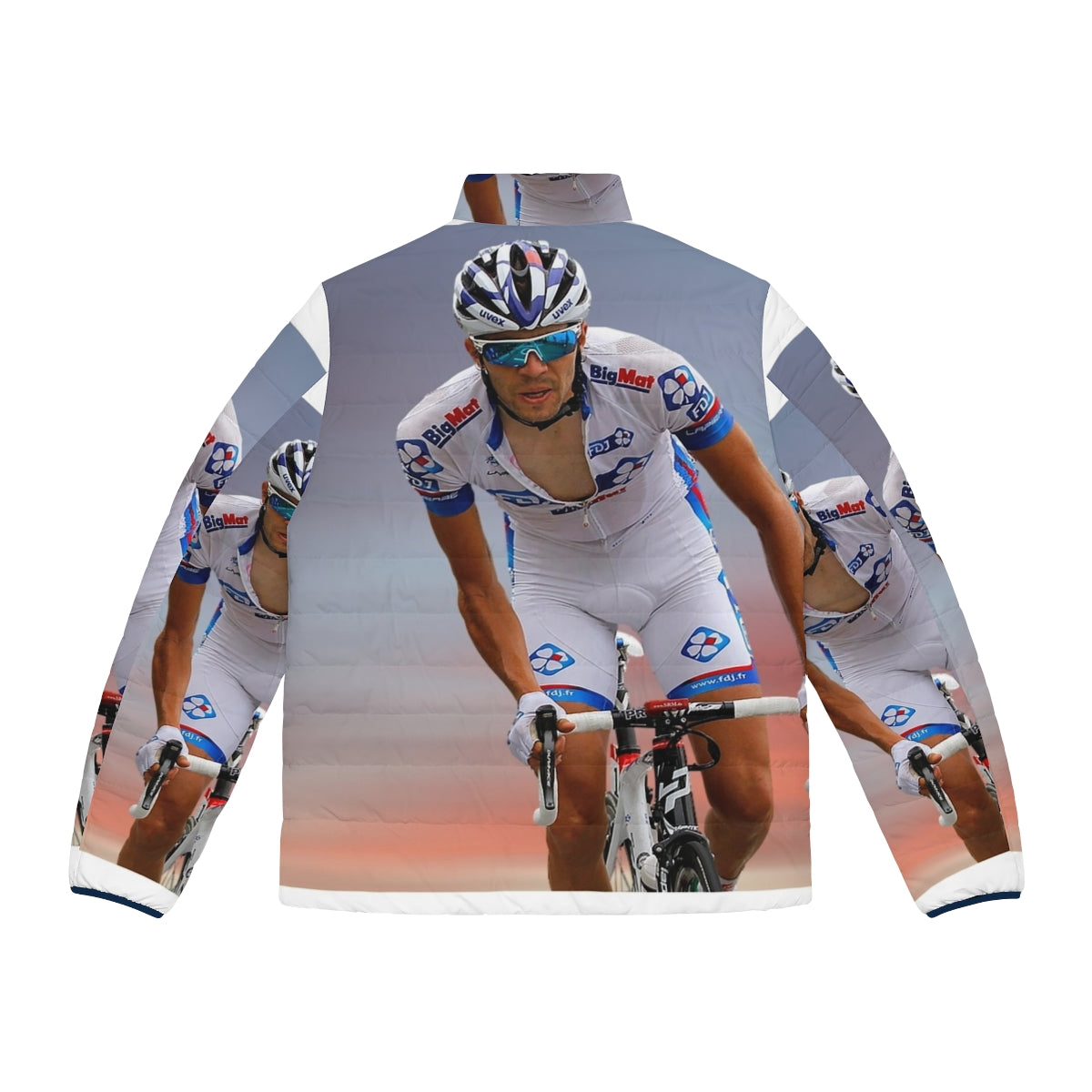 Thibaut Pinot wearing a puffer jacket while cycling for Team Francaise des Jeux - Back