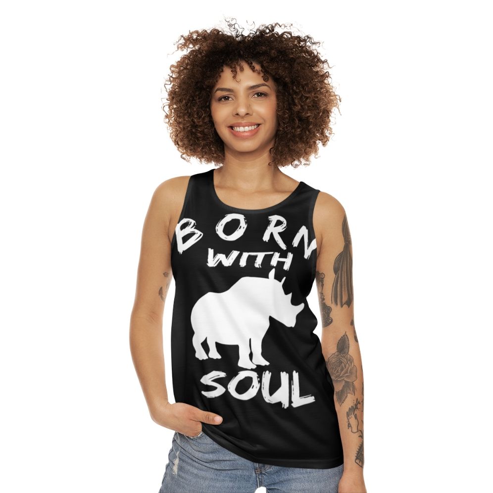 Unisex tank top with a rhinoceros graphic design - women