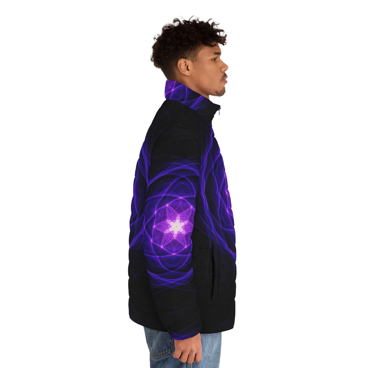 Energetic geometry indigo puffer jacket with sacred geometry elements - men side right