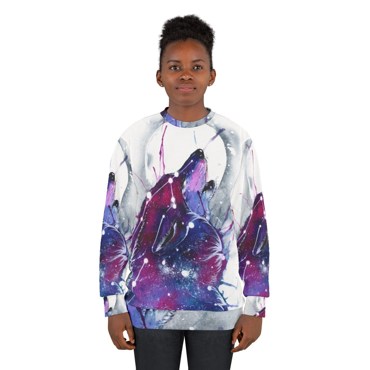 Galaxy Wolf Sweatshirt with Cosmic Animal Print Design - women