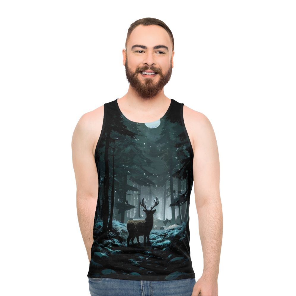 Unisex tank top featuring a winter woods landscape with a deer and the moon - men