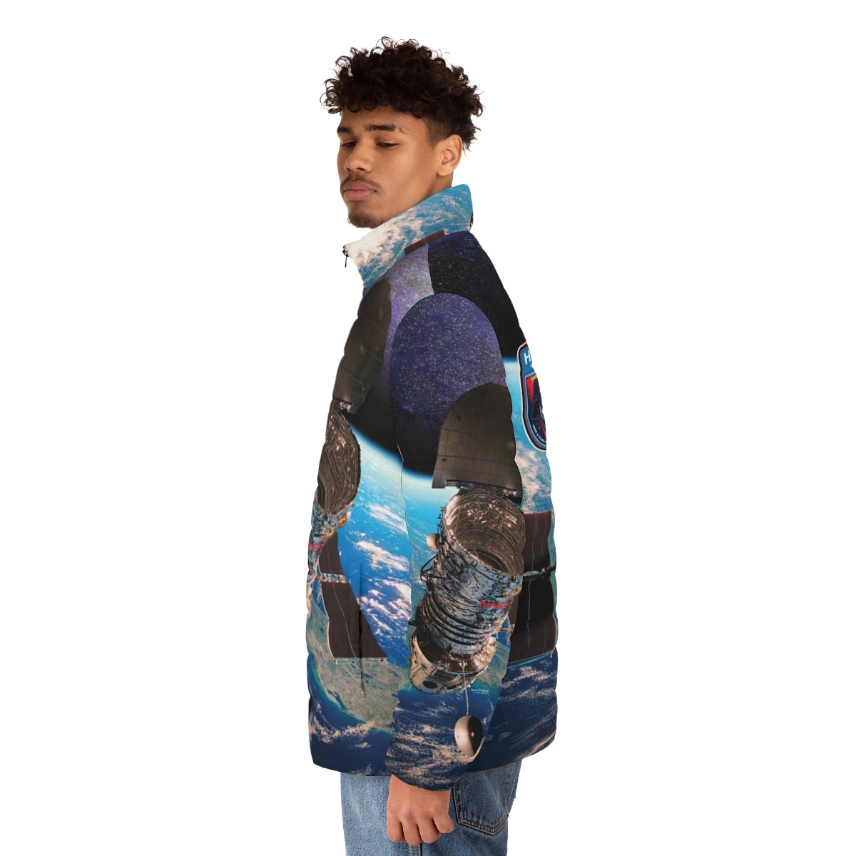 Hubble Space Telescope Puffer Jacket featuring stunning deep space imagery - men side left