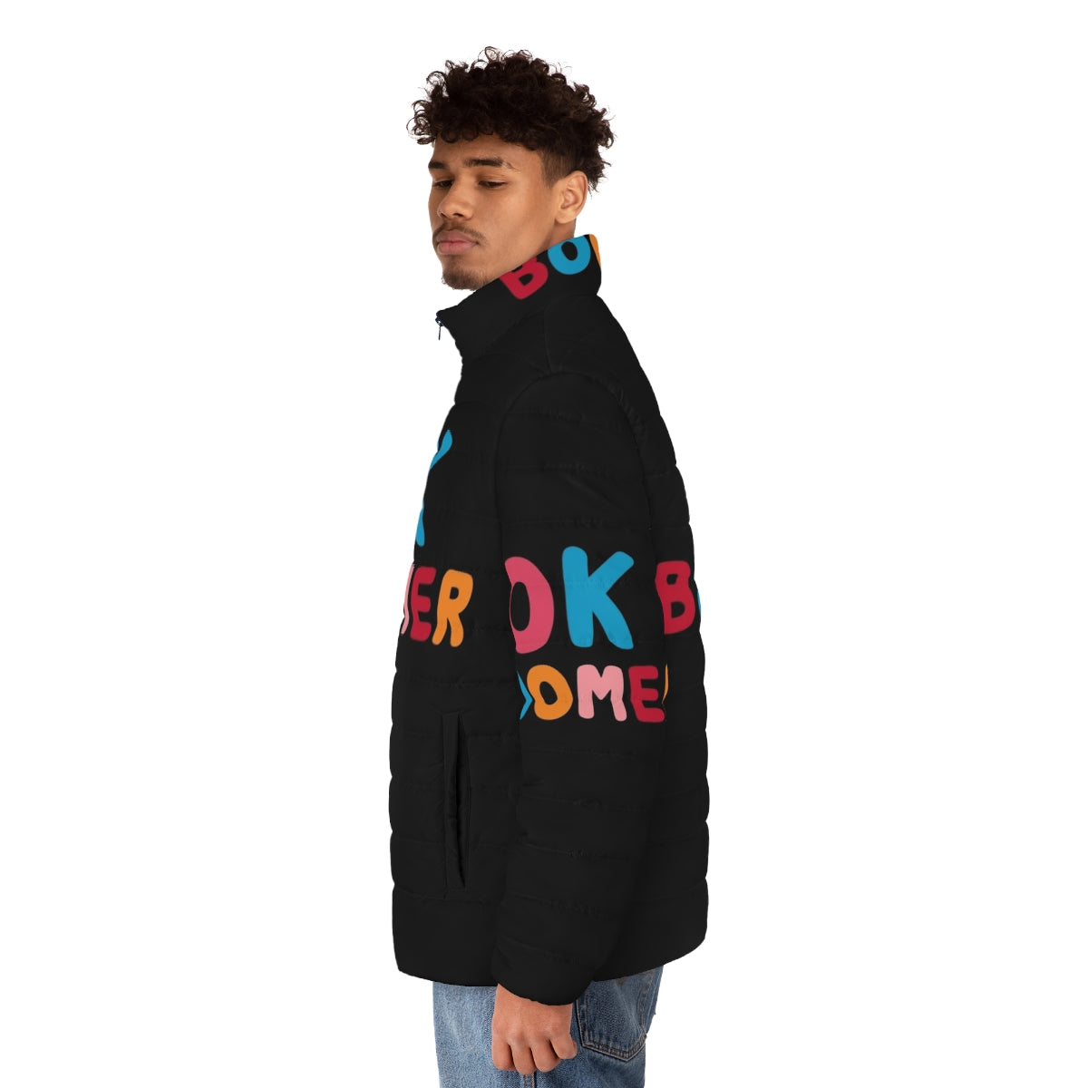 A vibrant "Ok Boomer" puffer jacket featuring bold typography and colorful graphic prints. - men side left