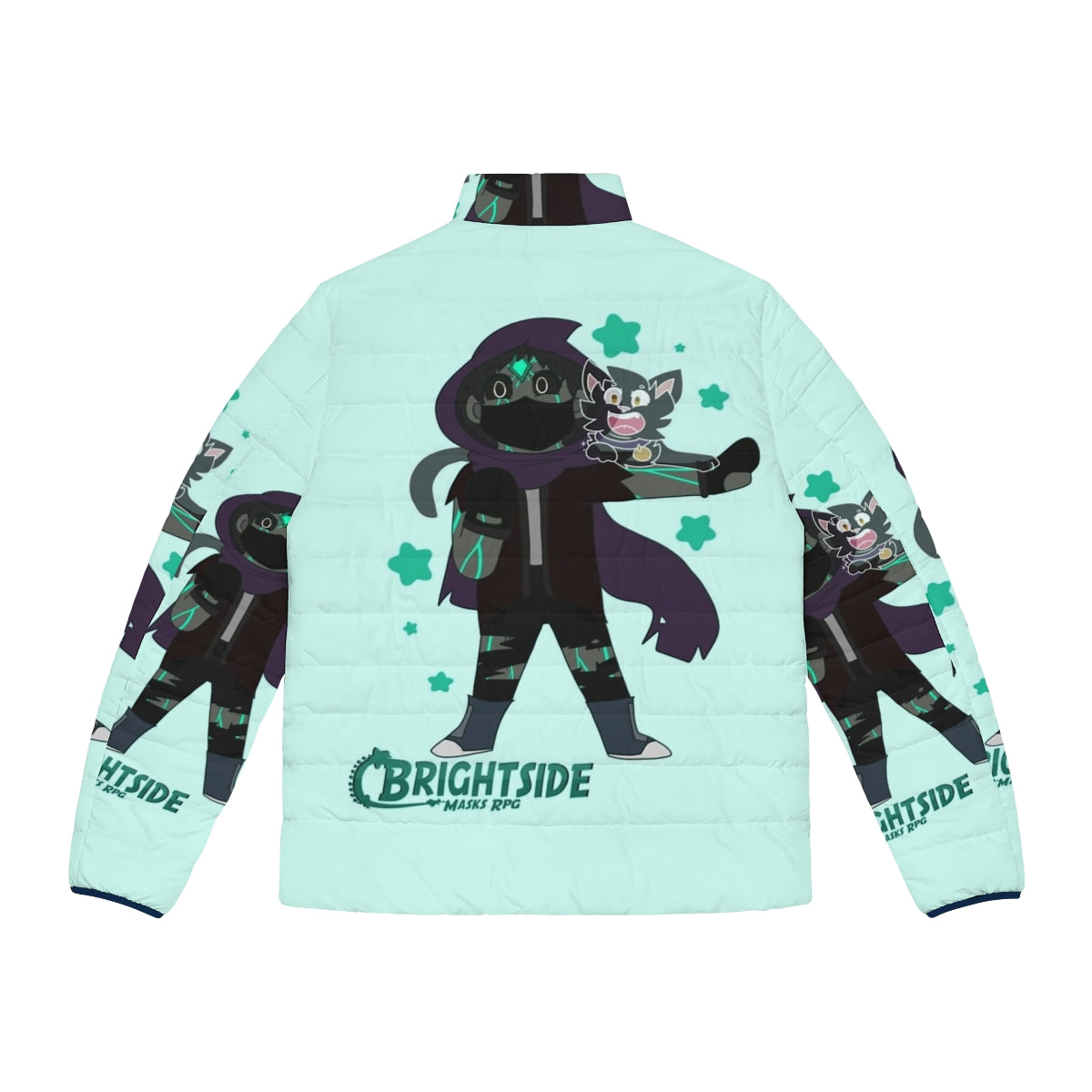 Chibi puffer jacket featuring superhero and villain designs - Back