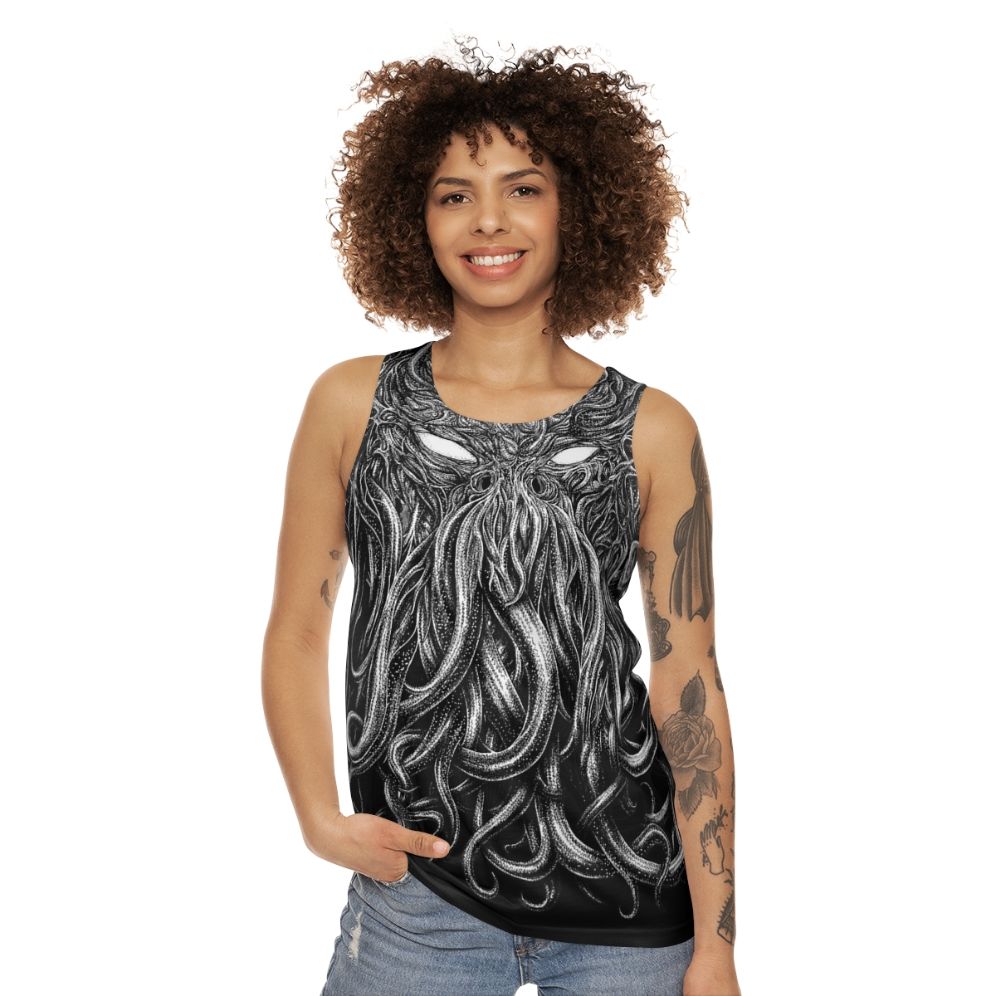 Lovecraft-inspired unisex tank top with gothic, supernatural design - women