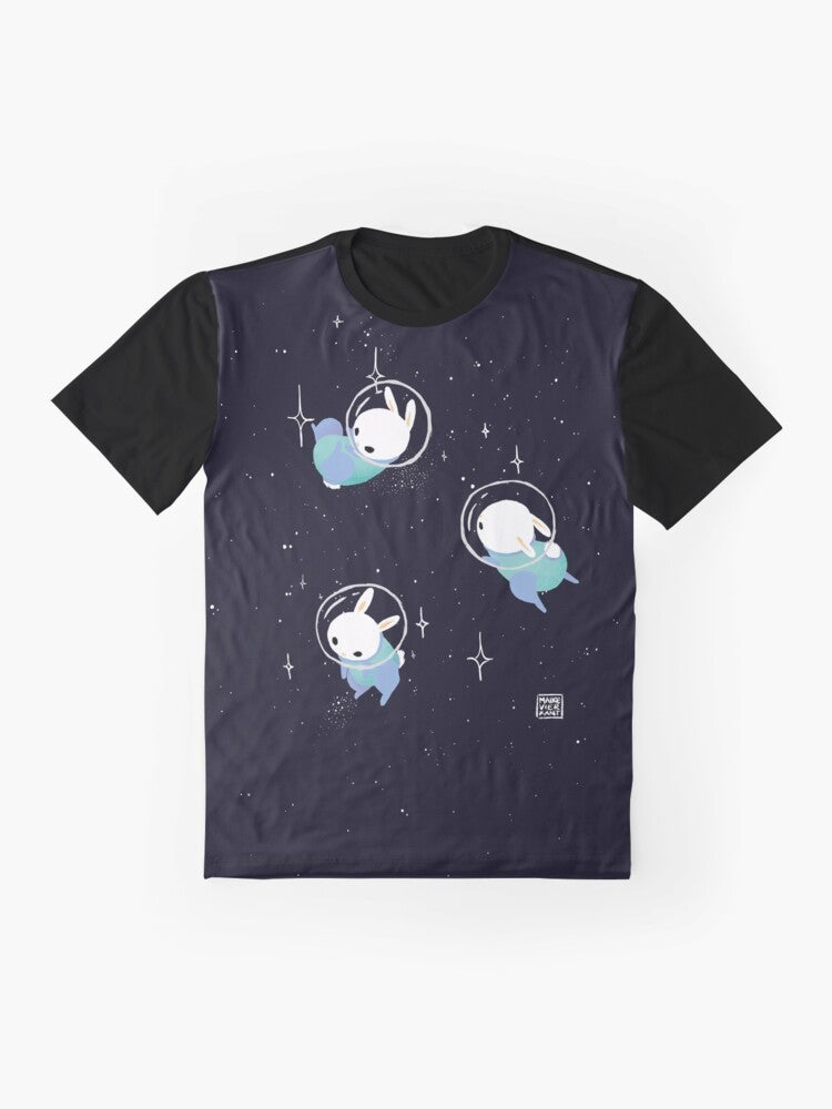 Adorable space bunnies in a digital illustration, featuring a cute, kawaii design with stars, planets, and a galaxy background. - Flat lay