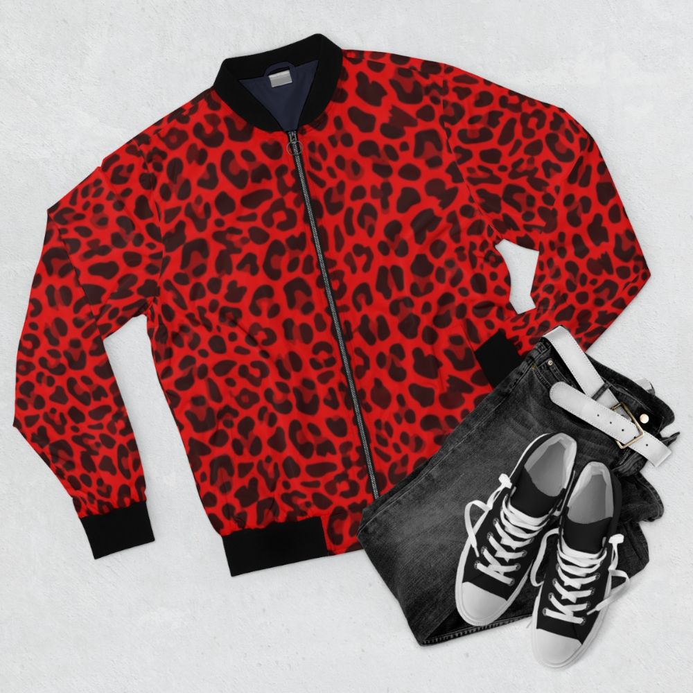 A vibrant red bomber jacket with a bold leopard print design - Flat lay