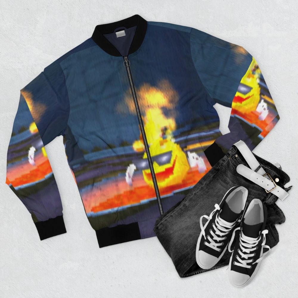 A cool and trendy bomber jacket featuring a humorous meme design. - Flat lay