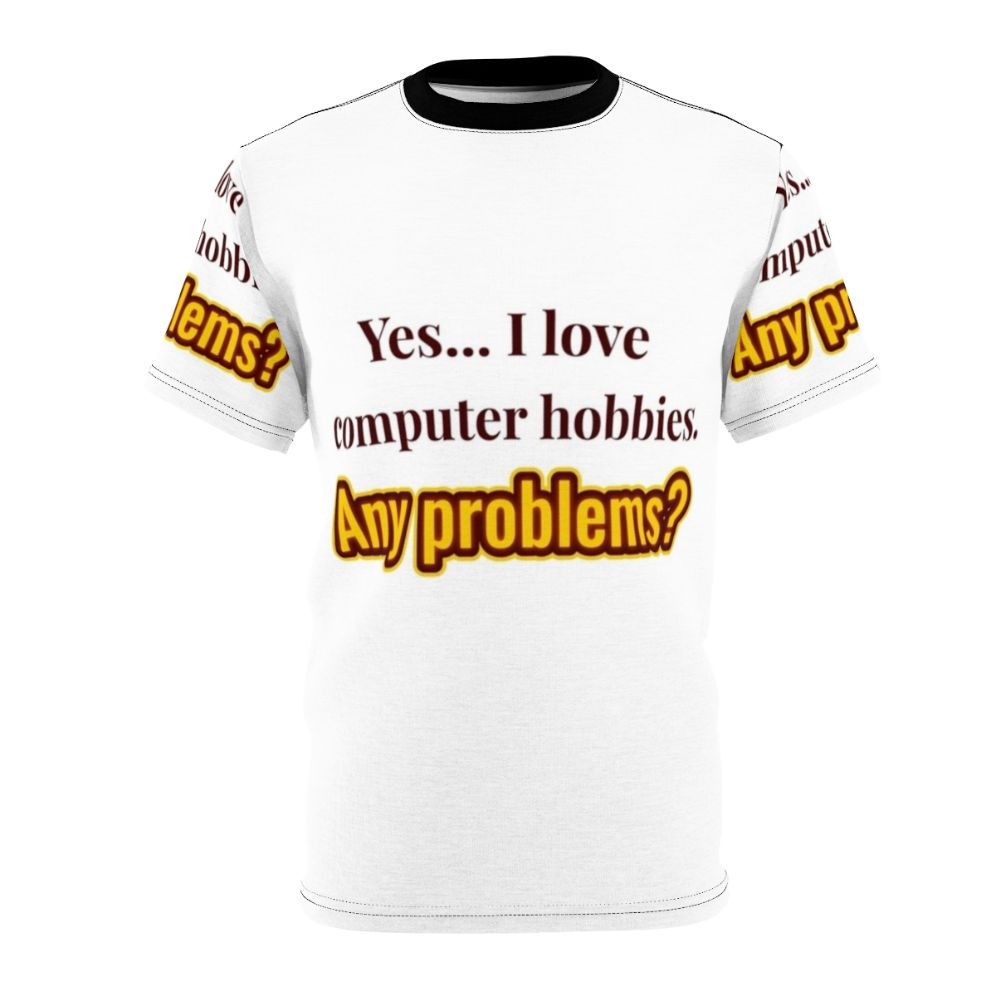 Person wearing a t-shirt with a computer hobbies design