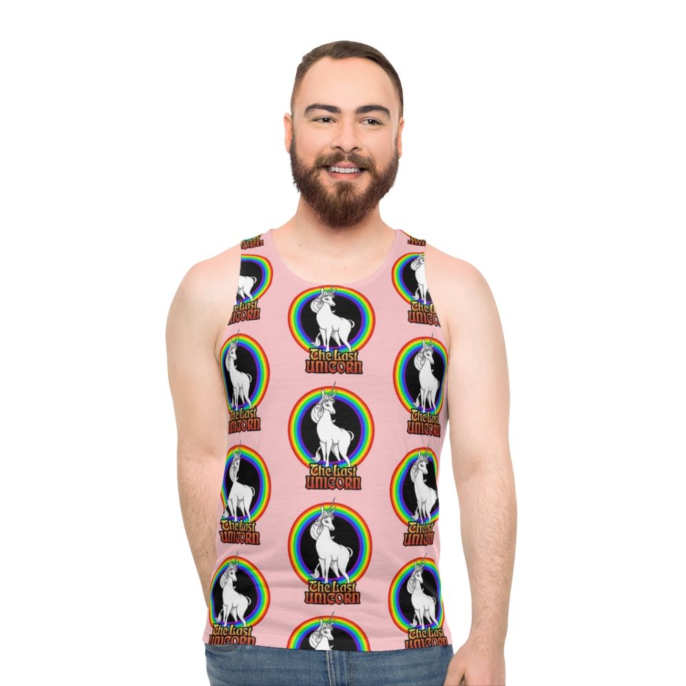 Unisex tank top featuring a white unicorn against a rainbow backdrop - men