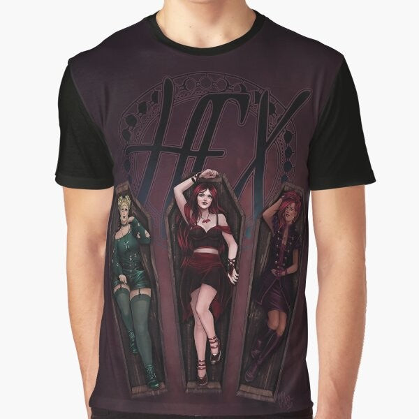 Spooky "Bad Dreams, Sisters" graphic t-shirt with hex, witches, coffins, and other dark, creepy elements