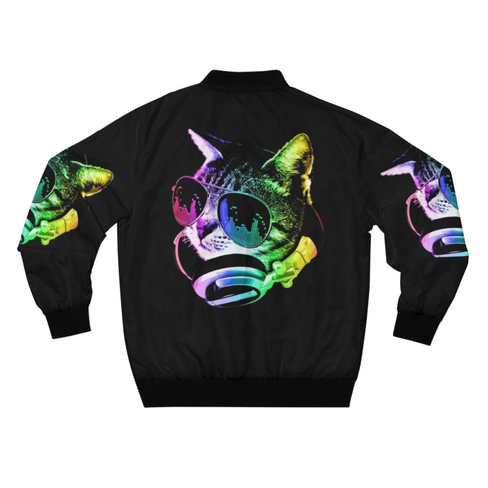 A bomber jacket with a graphic of a colorful, music-loving cat wearing headphones. - Back