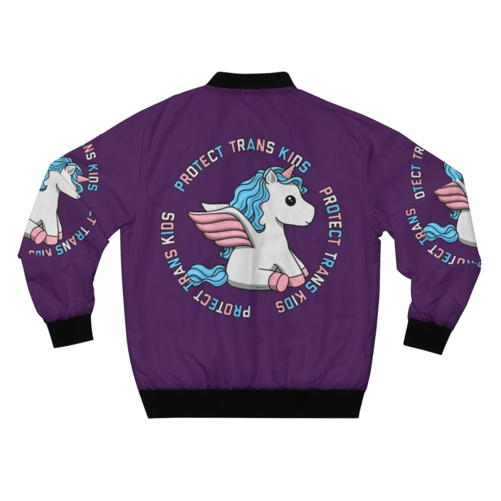 Colorful unicorn bomber jacket with trans pride colors, featuring the text "Protect Trans Kids" - Back