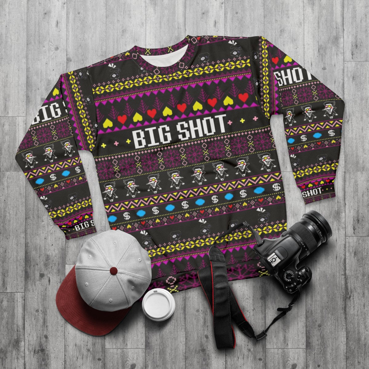 Spamton's Big Shot Kromer Krismas Gaming Sweatshirt - flat lay